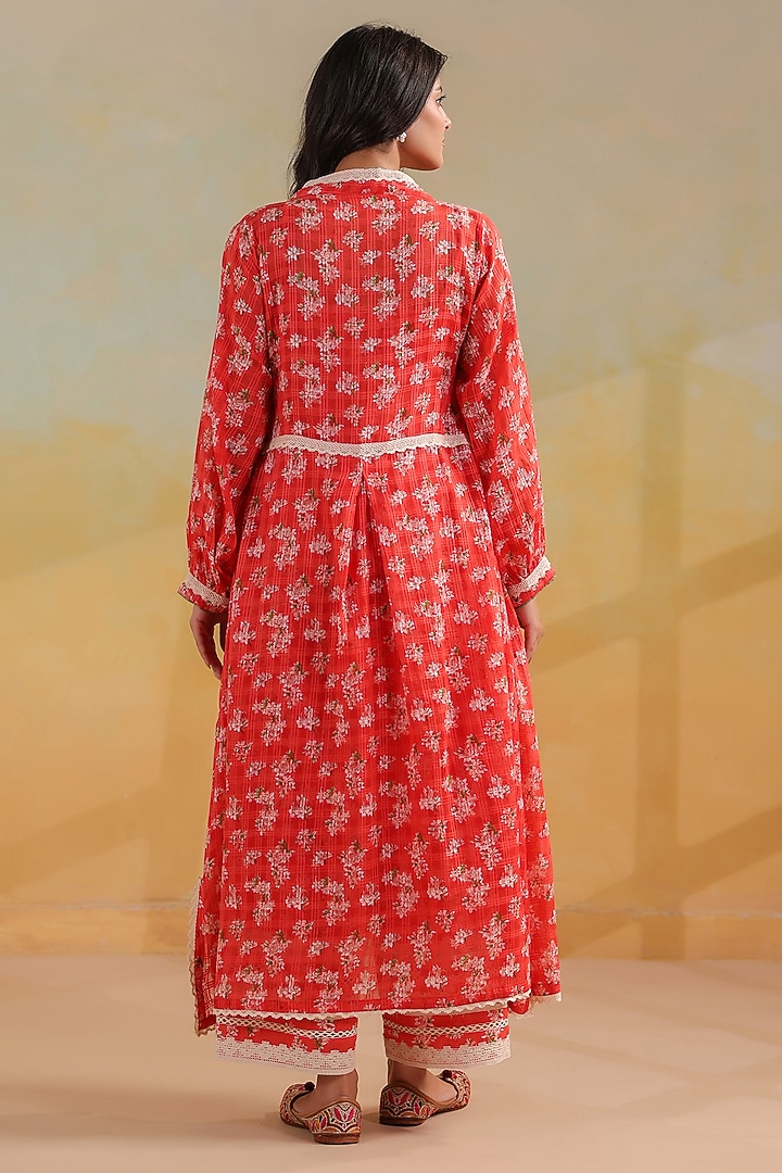 Peachish Orange Cotton Printed Gathered Kurta Set by ANSHU WADHWA at Pernia's Pop Up Shop