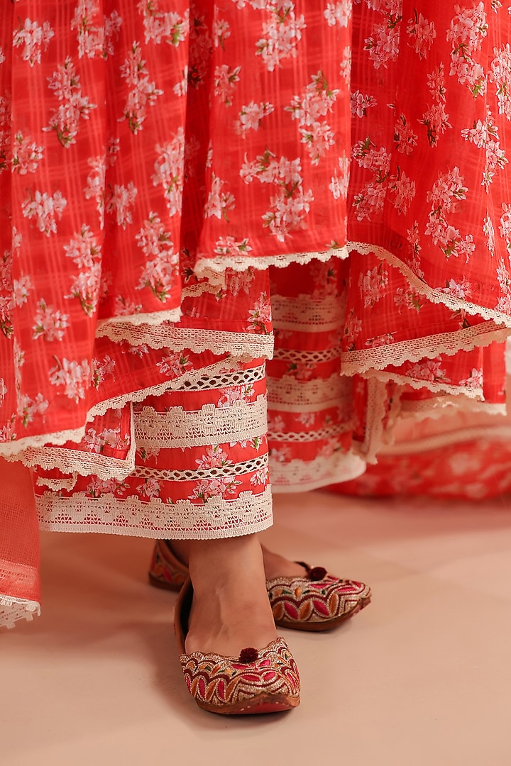 Peachish Orange Cotton Printed Gathered Kurta Set by ANSHU WADHWA at Pernia's Pop Up Shop