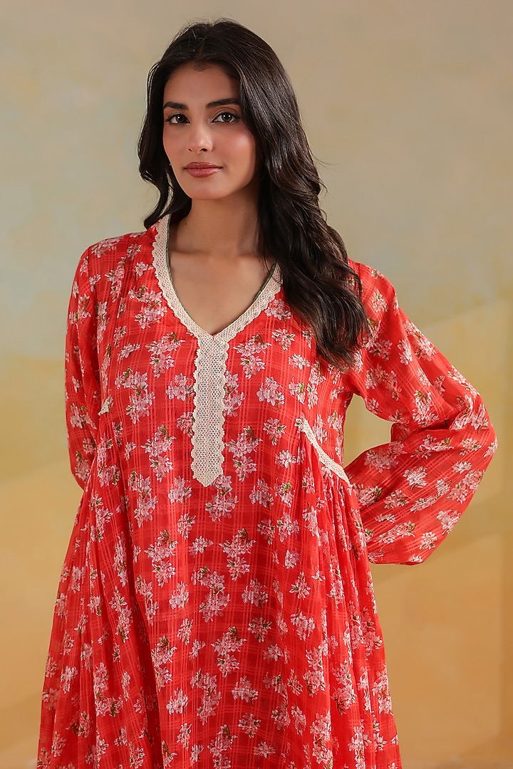 Peachish Orange Cotton Printed Gathered Kurta Set by ANSHU WADHWA at Pernia's Pop Up Shop