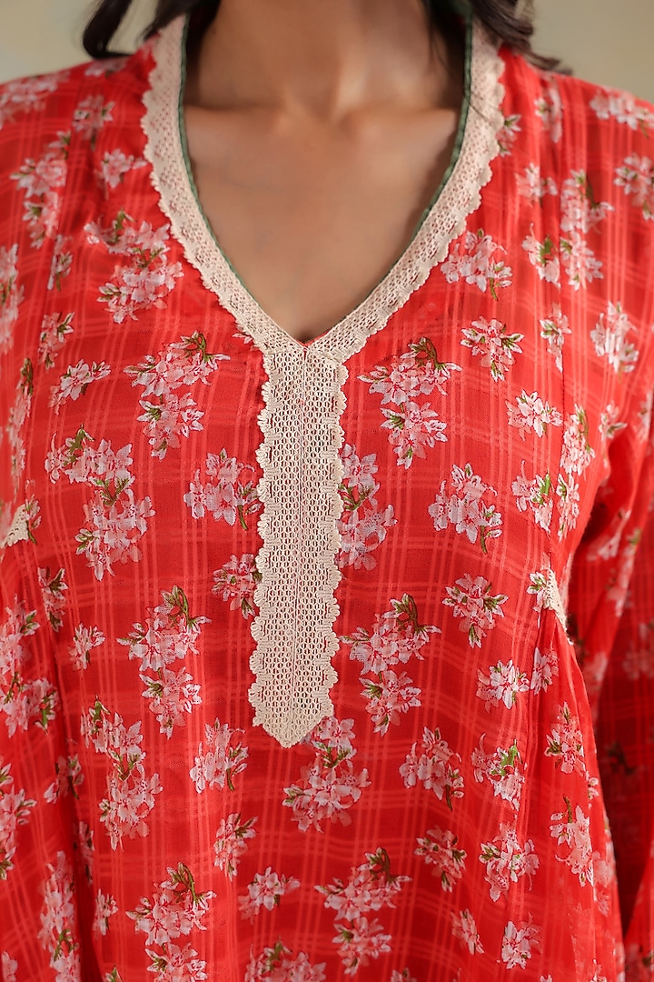 Peachish Orange Cotton Printed Gathered Kurta Set by ANSHU WADHWA at Pernia's Pop Up Shop