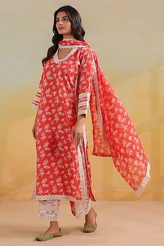 Peachish Orange Cotton Printed Straight Kurta Set by ANSHU WADHWA