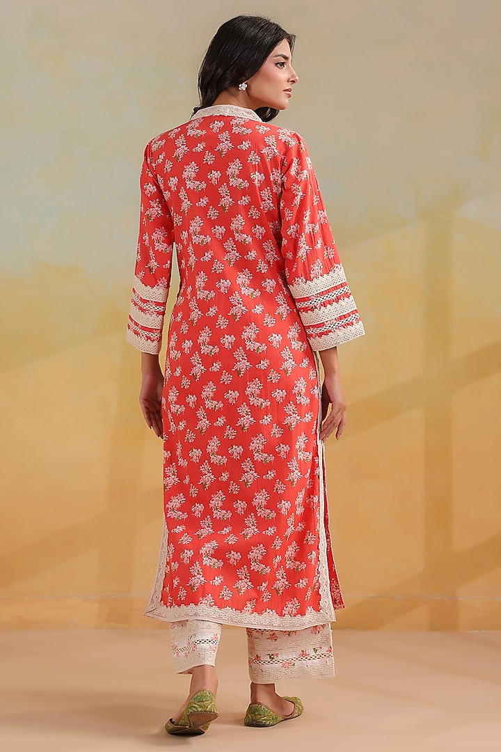 Peachish Orange Cotton Printed Straight Kurta Set by ANSHU WADHWA at Pernia's Pop Up Shop