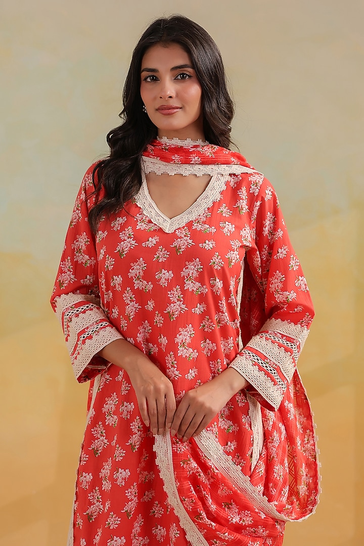 Peachish Orange Cotton Printed Straight Kurta Set by ANSHU WADHWA at Pernia's Pop Up Shop