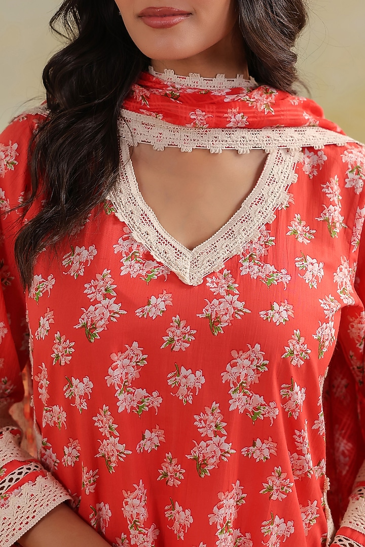 Peachish Orange Cotton Printed Straight Kurta Set by ANSHU WADHWA at Pernia's Pop Up Shop