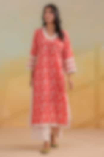 Peachish Orange Cotton Printed Straight Kurta Set by ANSHU WADHWA at Pernia's Pop Up Shop