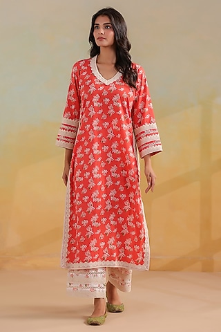 Peachish Orange Cotton Printed Straight Kurta Set by ANSHU WADHWA