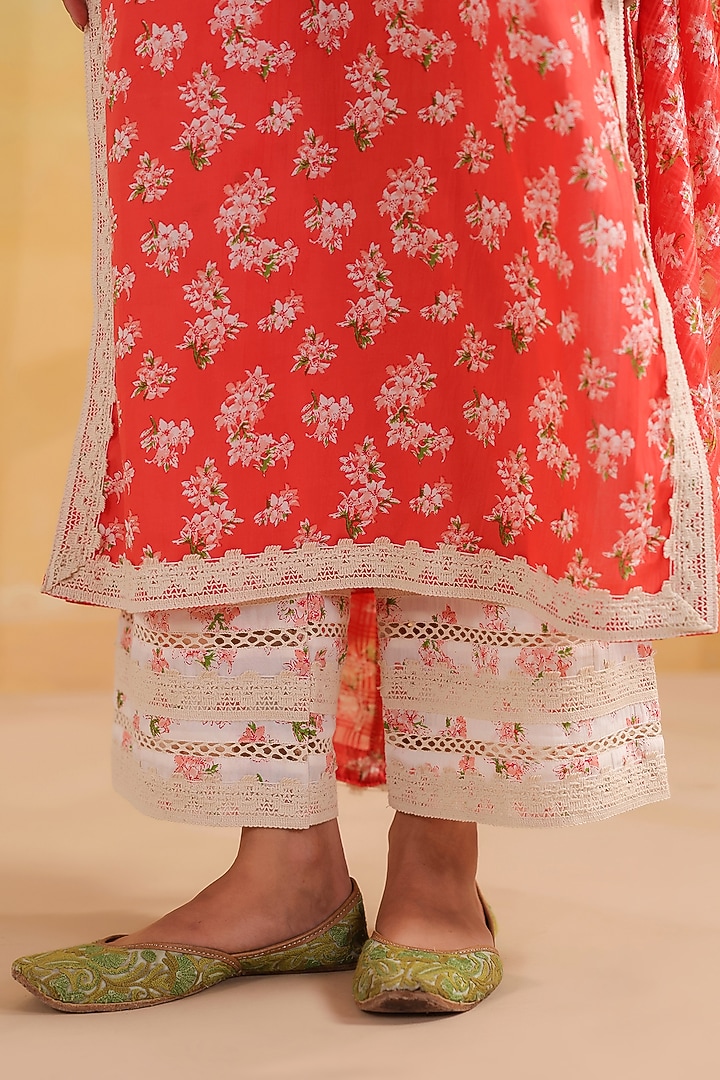 Peachish Orange Cotton Printed Straight Kurta Set by ANSHU WADHWA at Pernia's Pop Up Shop