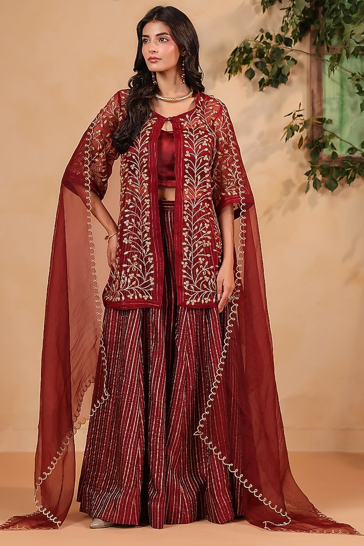 Maroon Chanderi Wedding Sharara Set by ANSHU WADHWA at Pernia's Pop Up Shop