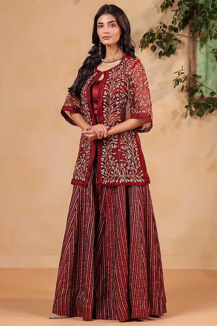Maroon Chanderi Wedding Sharara Set by ANSHU WADHWA at Pernia's Pop Up Shop