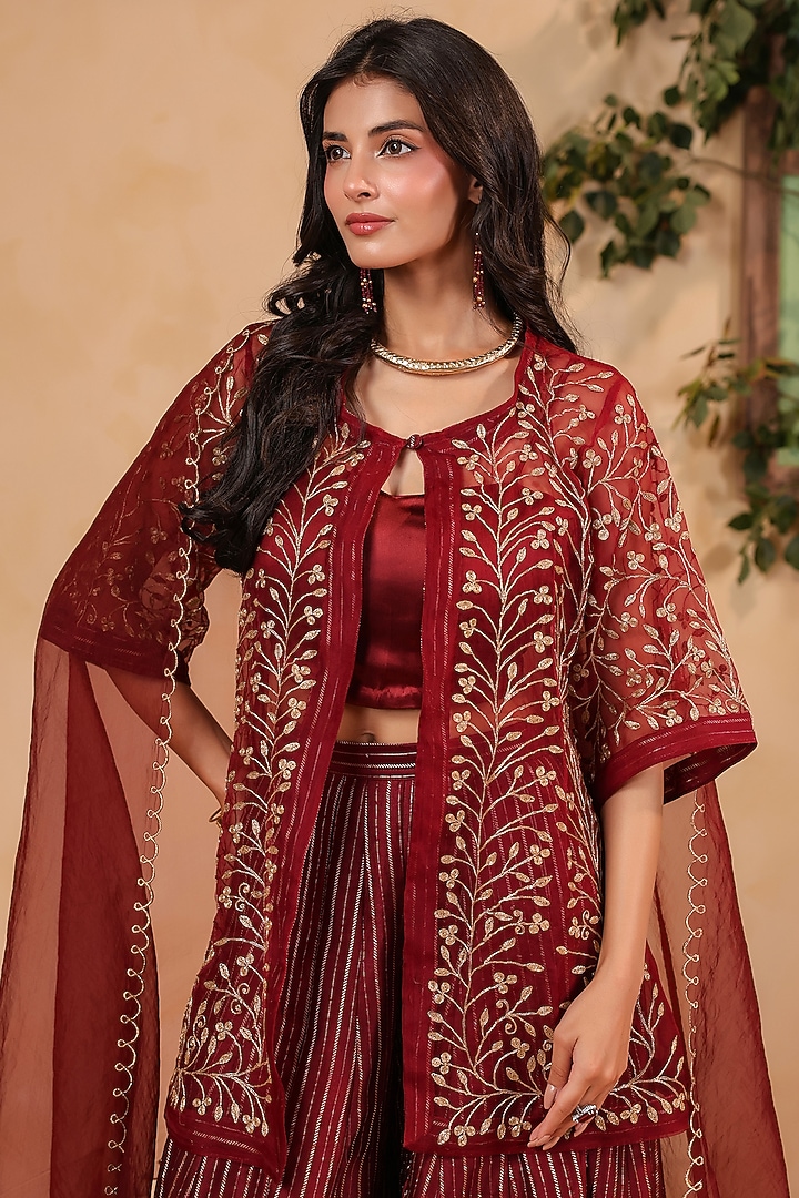 Maroon Chanderi Party Wear Sharara Set by ANSHU WADHWA at Pernia's Pop Up Shop