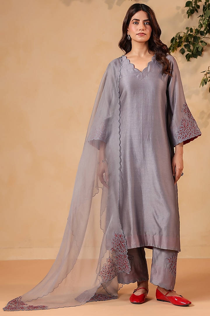 Grey Chanderi Machine Embroidered Straight Kurta Set by ANSHU WADHWA at Pernia's Pop Up Shop