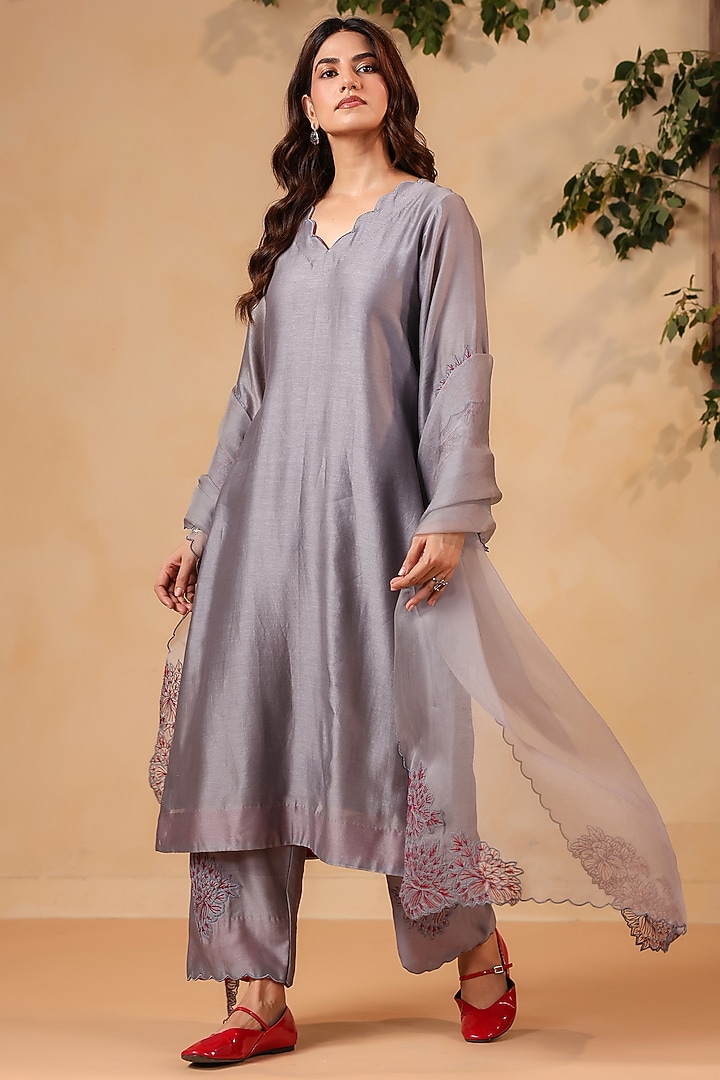 Grey Chanderi Machine Embroidered Straight Kurta Set by ANSHU WADHWA at Pernia's Pop Up Shop