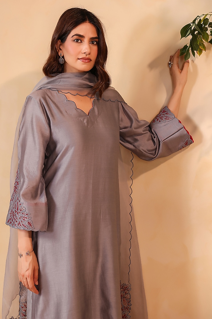 Grey Chanderi Machine Embroidered Straight Kurta Set by ANSHU WADHWA at Pernia's Pop Up Shop