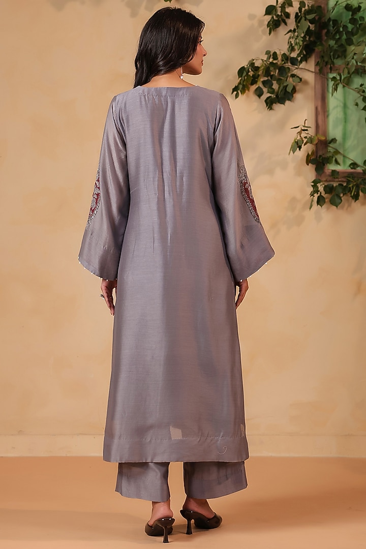 Grey Chanderi Motif Hand Painted Straight Kurta Set by ANSHU WADHWA at Pernia's Pop Up Shop