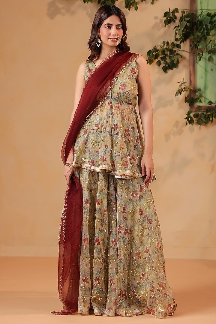 Green Chanderi Hand Embroidered Wedding Sharara Set by ANSHU WADHWA at Pernia's Pop Up Shop