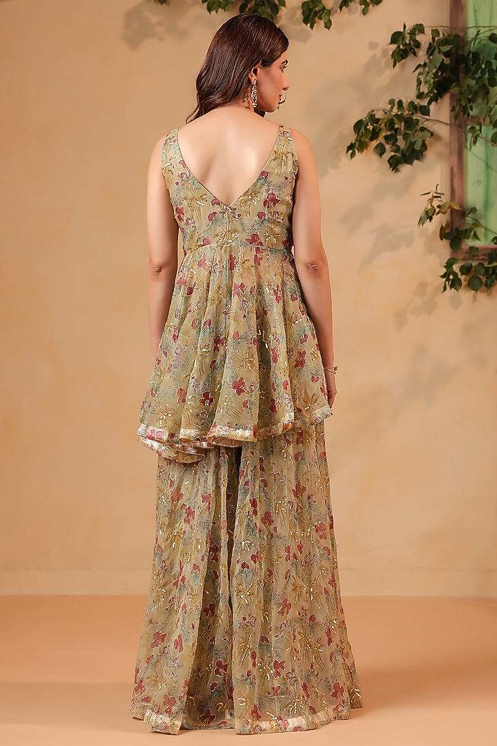 Green Chanderi Hand Embroidered Wedding Sharara Set by ANSHU WADHWA at Pernia's Pop Up Shop