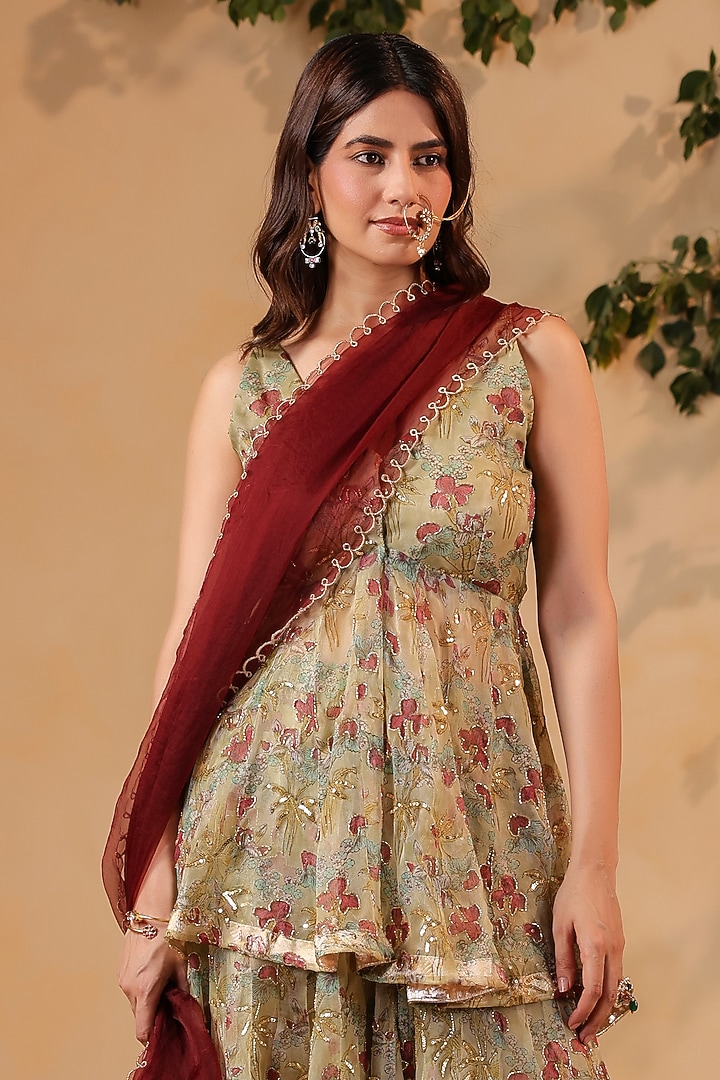 Green Chanderi Hand Embroidered Wedding Sharara Set by ANSHU WADHWA at Pernia's Pop Up Shop