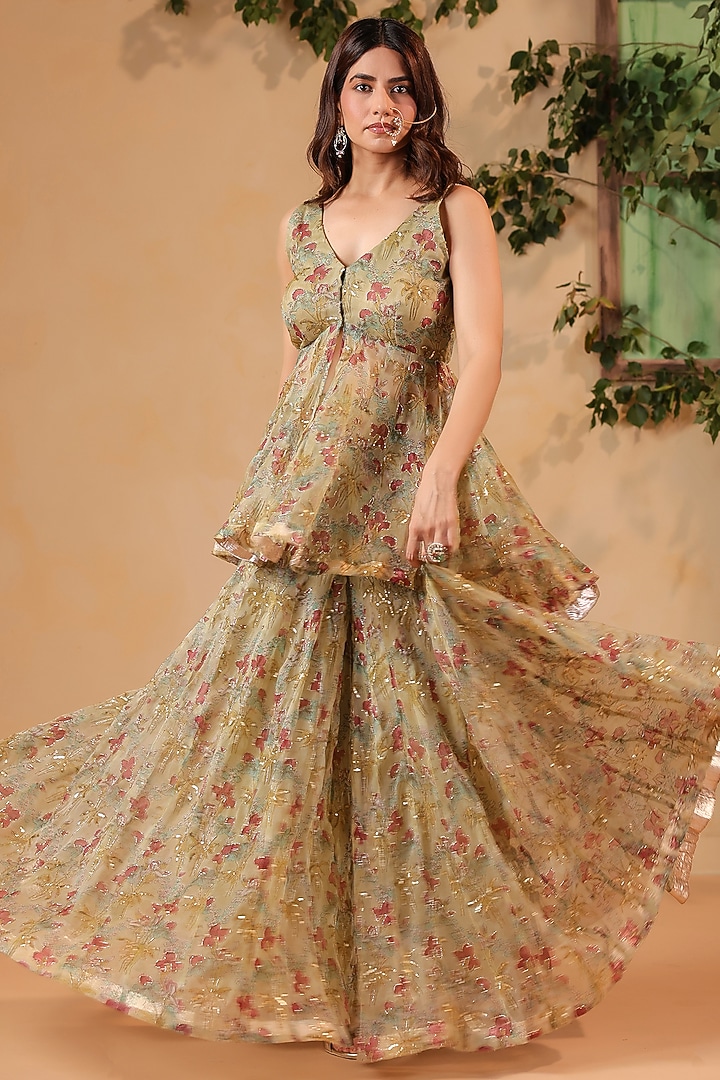 Green Chanderi Hand Embroidered Wedding Sharara Set by ANSHU WADHWA at Pernia's Pop Up Shop