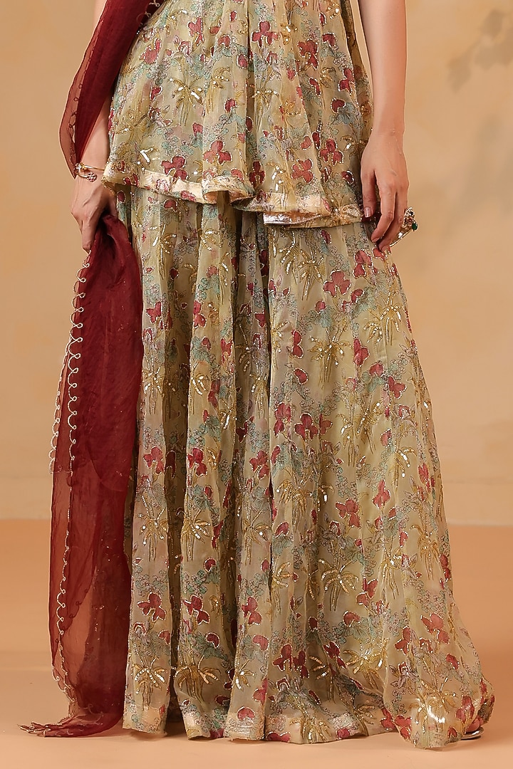 Green Chanderi Hand Embroidered Wedding Sharara Set by ANSHU WADHWA at Pernia's Pop Up Shop