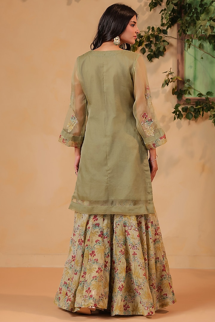 Green Chanderi Hand Embroidered Party Wear Sharara Set by ANSHU WADHWA at Pernia's Pop Up Shop