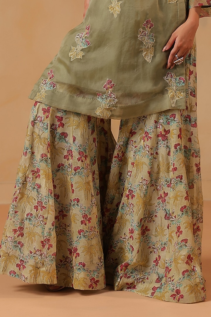 Green Chanderi Hand Embroidered Party Wear Sharara Set by ANSHU WADHWA at Pernia's Pop Up Shop