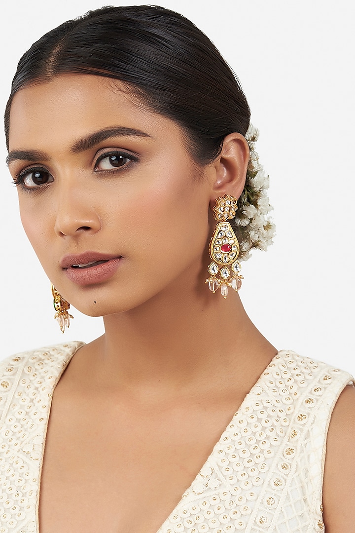 Micro Gold Finish Earrings With Jade Drops by AHAANYA