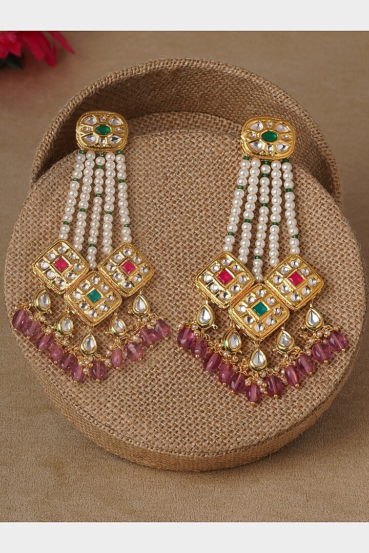 Micro Gold Finish Beaded Dangler Earrings by AHAANYA at Pernia's Pop Up Shop