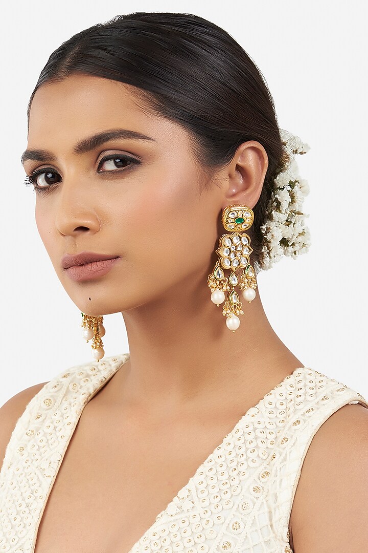 Micro Gold Finish Dangler Earrings WIth Pearl Beads by AHAANYA at Pernia's Pop Up Shop