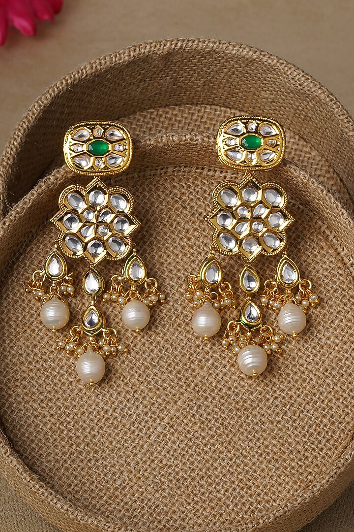 Micro Gold Finish Dangler Earrings WIth Pearl Beads by AHAANYA at Pernia's Pop Up Shop