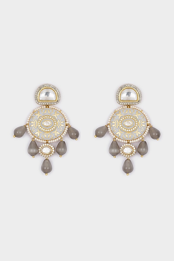 Micro Gold Finish Earrings With Grey Drops by AHAANYA at Pernia's Pop Up Shop