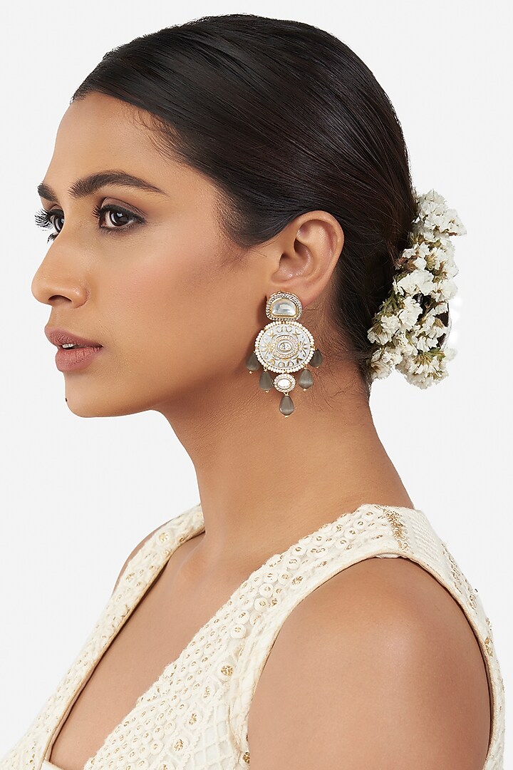 Micro Gold Finish Earrings With Grey Drops by AHAANYA at Pernia's Pop Up Shop