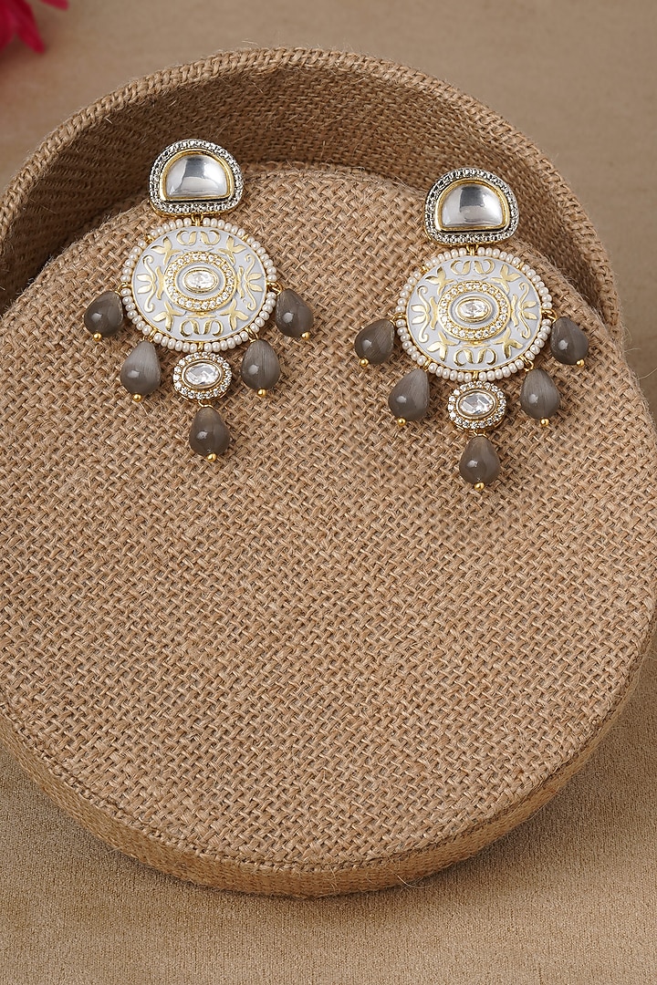 Micro Gold Finish Earrings With Grey Drops by AHAANYA at Pernia's Pop Up Shop