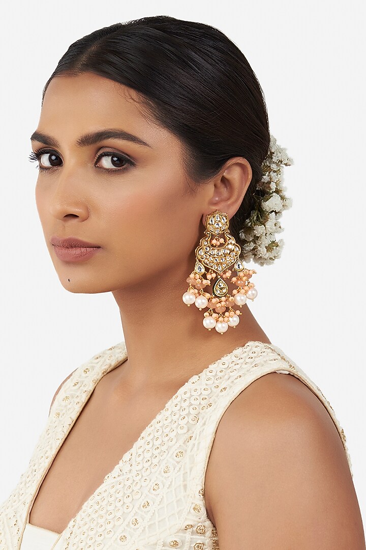 Micro Gold Finish Earrings With Orange Beads by AHAANYA at Pernia's Pop Up Shop