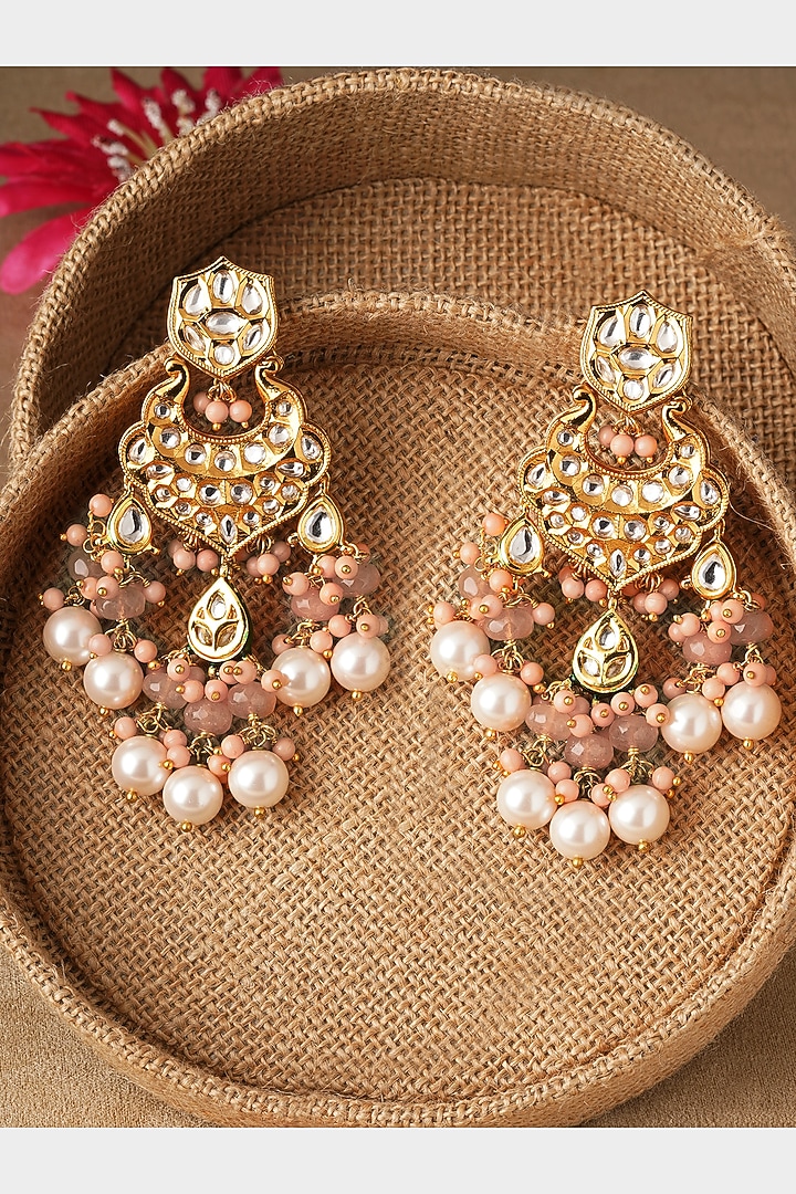 Micro Gold Finish Earrings With Orange Beads by AHAANYA at Pernia's Pop Up Shop