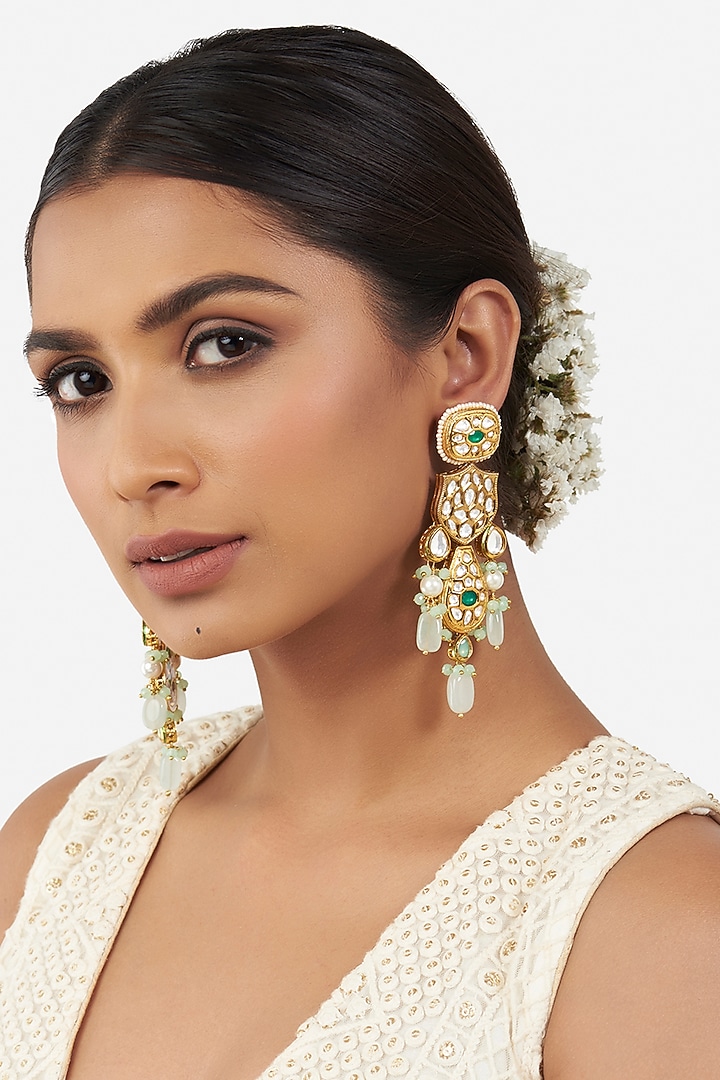 Micro Gold Finish Jade Stone Earrings by AHAANYA at Pernia's Pop Up Shop