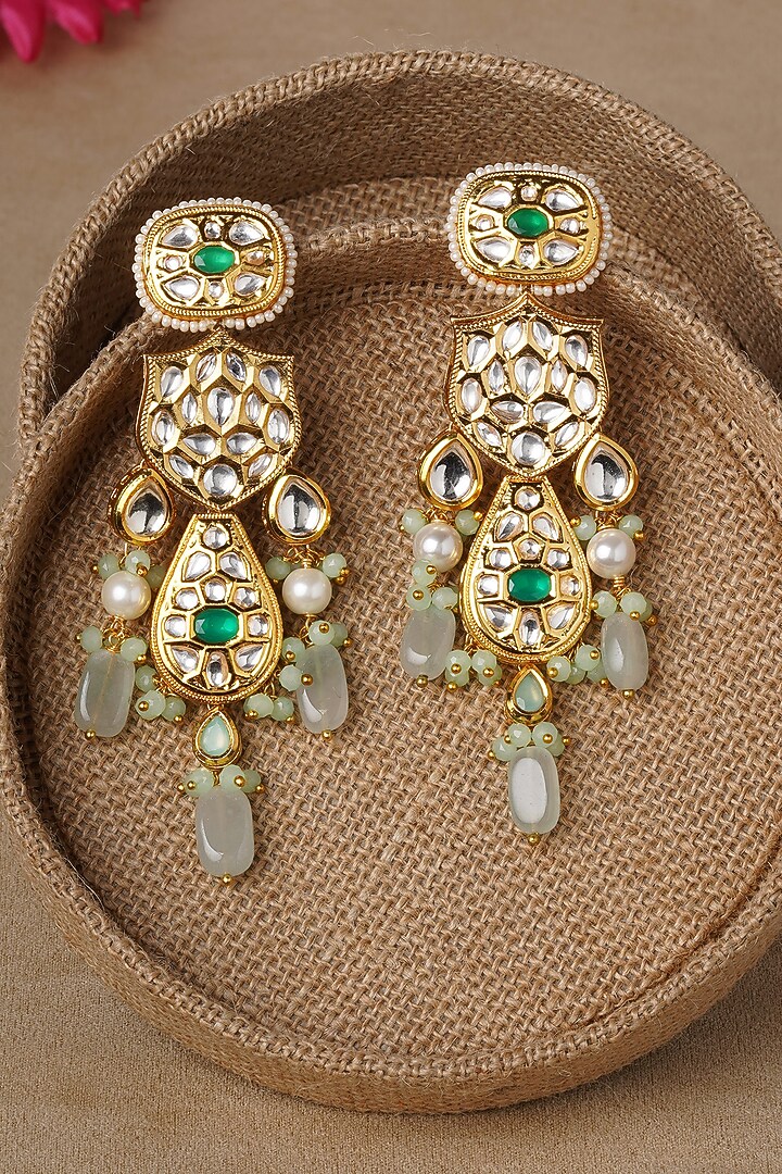 Micro Gold Finish Jade Stone Earrings by AHAANYA at Pernia's Pop Up Shop