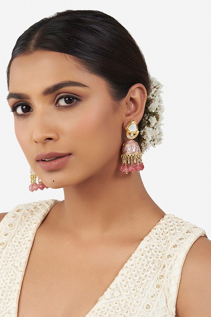 Micro Gold Finish Meenakari Jhumka Earrings by AHAANYA at Pernia's Pop Up Shop