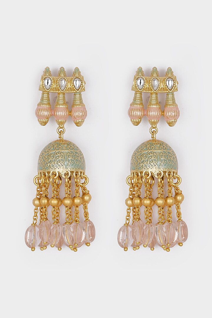 Micro Gold Finish Beaded Jhumka Earrings by AHAANYA at Pernia's Pop Up Shop