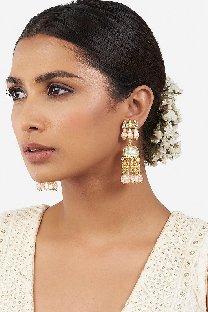 Micro Gold Finish Beaded Jhumka Earrings by AHAANYA at Pernia's Pop Up Shop