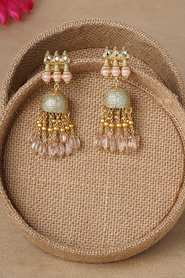 Micro Gold Finish Beaded Jhumka Earrings by AHAANYA at Pernia's Pop Up Shop