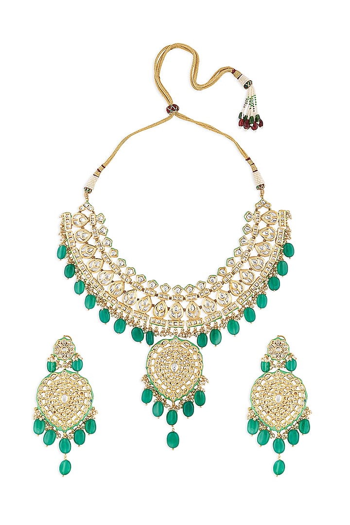 Gold Finish Green Onyx Beaded Necklace Set by AHAANYA at Pernia's Pop Up Shop