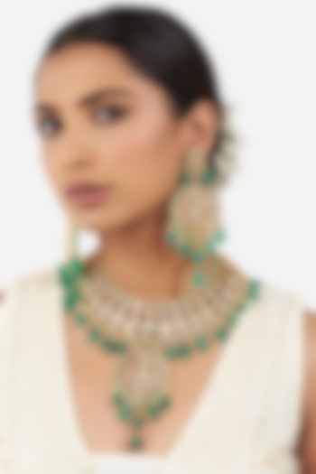 Gold Finish Green Onyx Beaded Necklace Set by AHAANYA at Pernia's Pop Up Shop