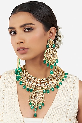 Gold Finish Green Onyx Beaded Necklace Set by AHAANYA
