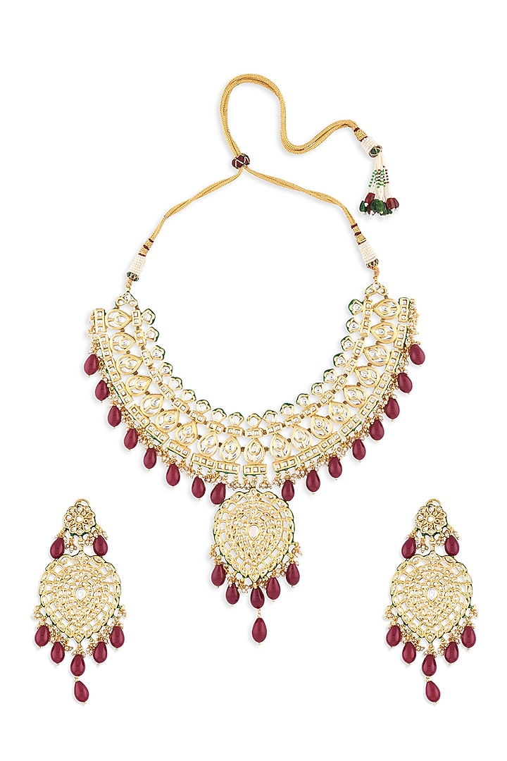 Gold Finish Red Onyx Beaded Necklace Set by AHAANYA at Pernia's Pop Up Shop