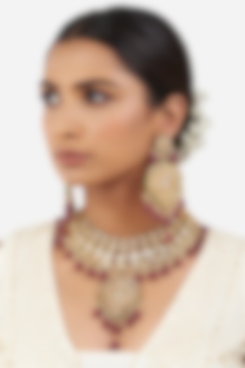 Gold Finish Red Onyx Beaded Necklace Set by AHAANYA at Pernia's Pop Up Shop