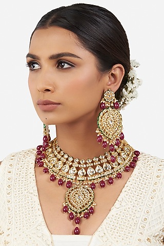 Gold Finish Red Onyx Beaded Necklace Set by AHAANYA