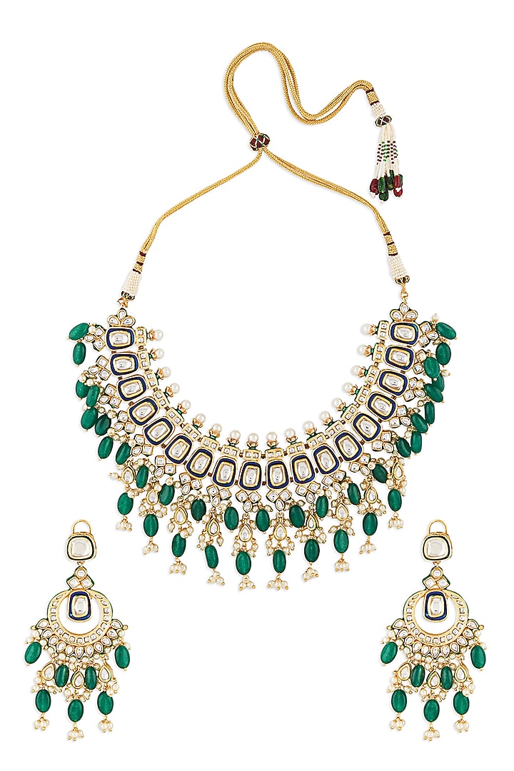 Gold Finish Hydro Polki & Hydro Green Onyx Drop Necklace Set by AHAANYA at Pernia's Pop Up Shop