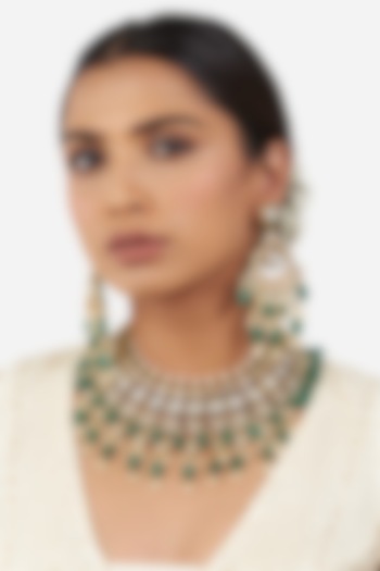 Gold Finish Hydro Polki & Hydro Green Onyx Drop Necklace Set by AHAANYA at Pernia's Pop Up Shop