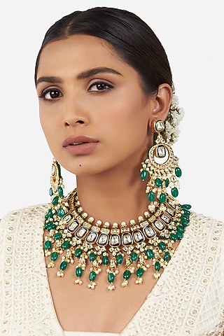 Gold Finish Hydro Polki & Hydro Green Onyx Drop Necklace Set by AHAANYA