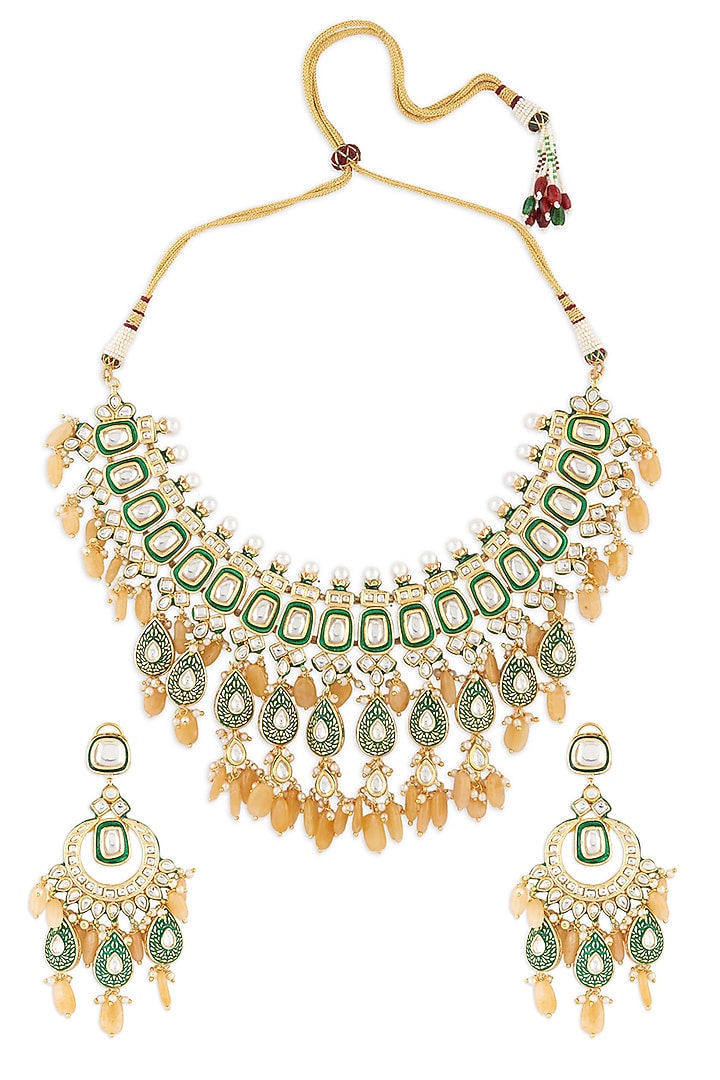 Gold Finish Yellow Jade Beaded Necklace Set by AHAANYA at Pernia's Pop Up Shop